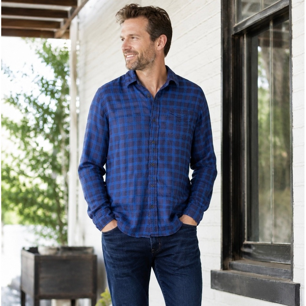 Gap Mens Blue Plaid Flannel Shirt Standard Fit Stretch Long Sleeve Size M